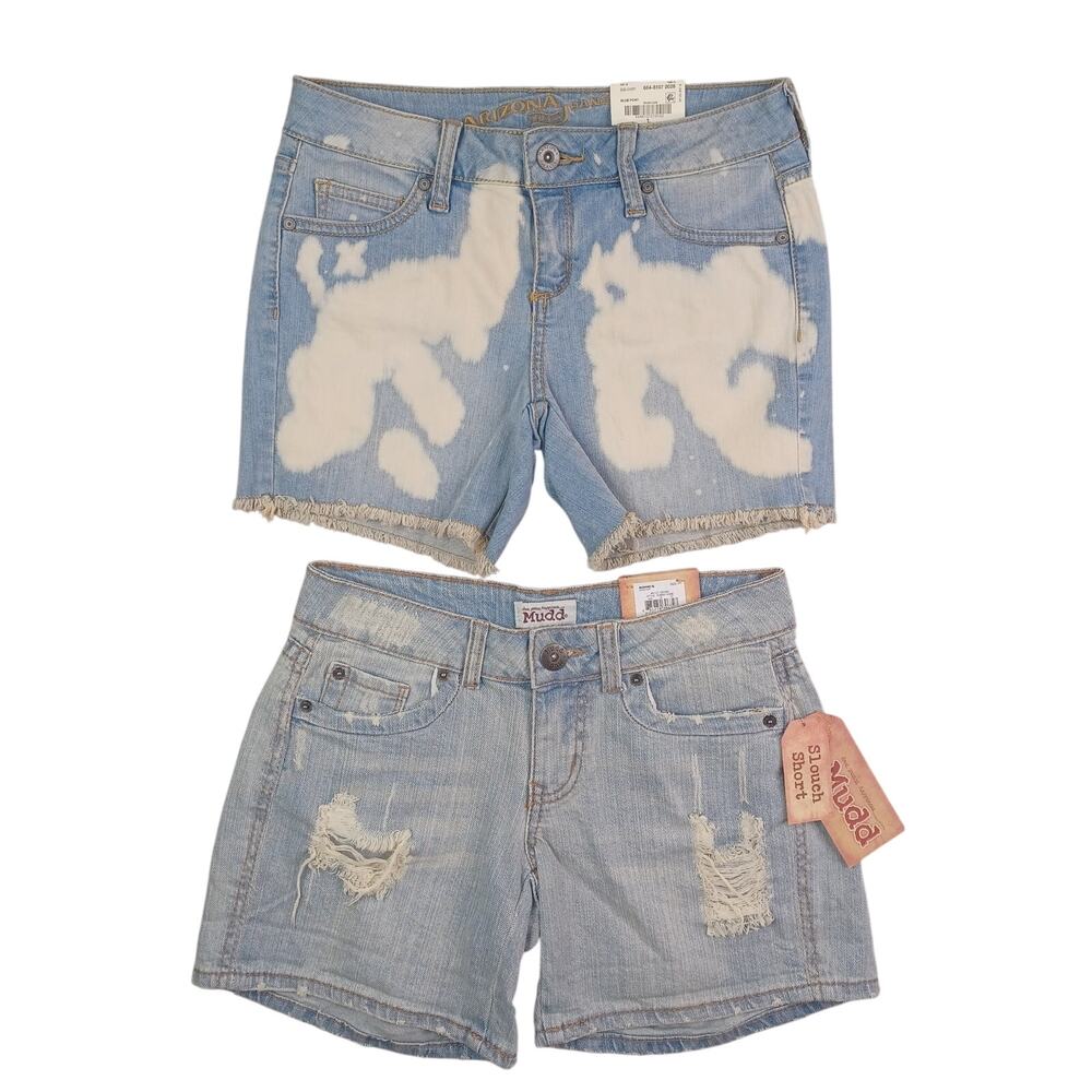 Mudd Low Rise Denim Shorts Size 1 Blue Midi Distressed Slouch Cutoff‎ Lot of Two